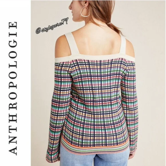 Anthropologie Cold Shoulder Button Bell Sleeve Knit Crop Top - Picture 4 of 12